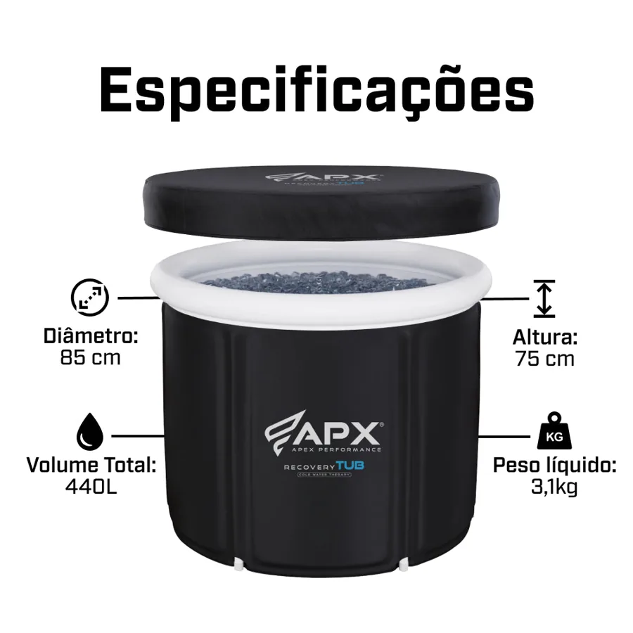 Medidas da banheira de gelo portátil Apex Recovery Tub: 85 cm de diâmetro, 75 cm de altura, 440 litros e 3,1 kg