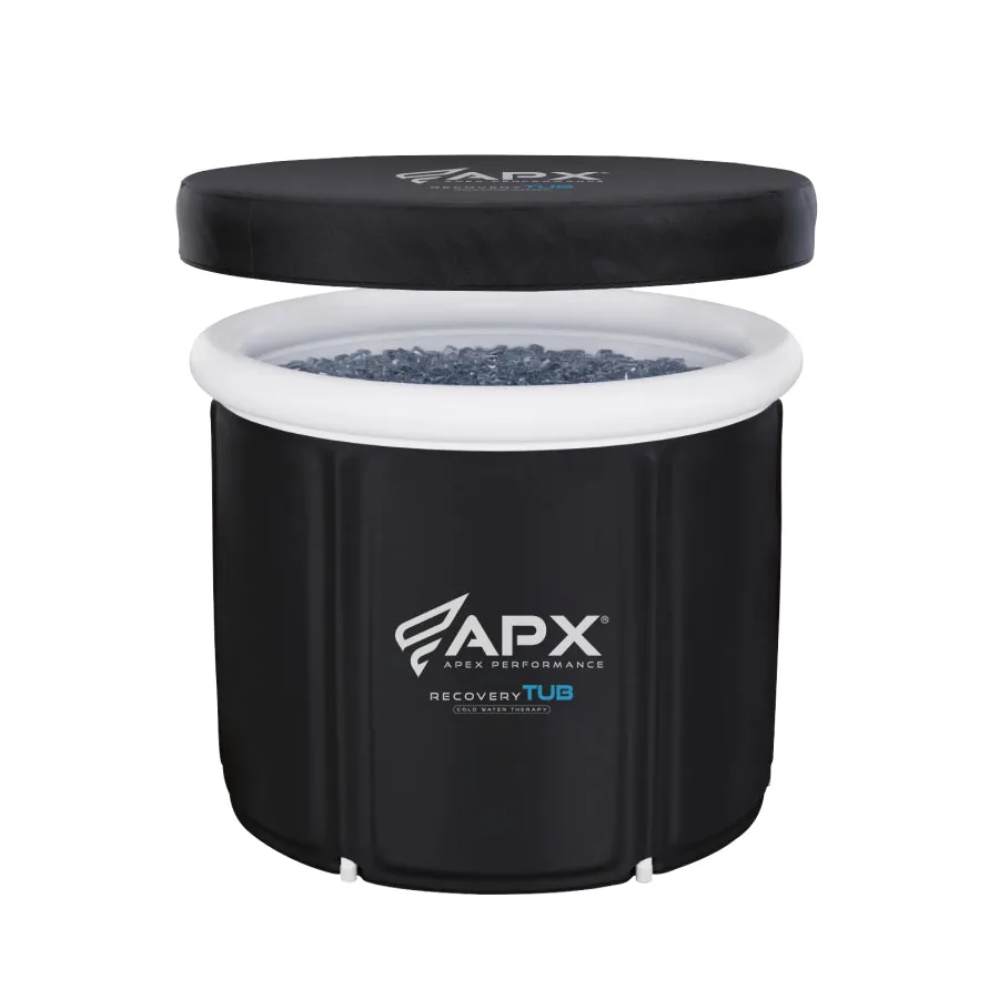 Banheira de gelo portátil Apex Recovery Tub, preta, com tampa, cheia de gelo