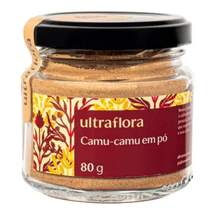 Pote de vidro do Camu Camu Orgânico em Pó da Ultramel, linha Ultraflora