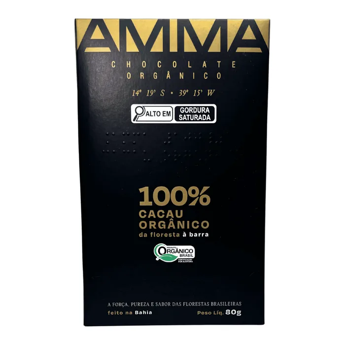 Barra de 80 g do Chocolate Orgânico 100% Cacau AMMA, vendida no site da Ultramel