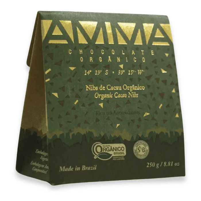 Pacote de 250 g de Nibs de Cacau Orgânico AMMA, vendido no site da Ultramel