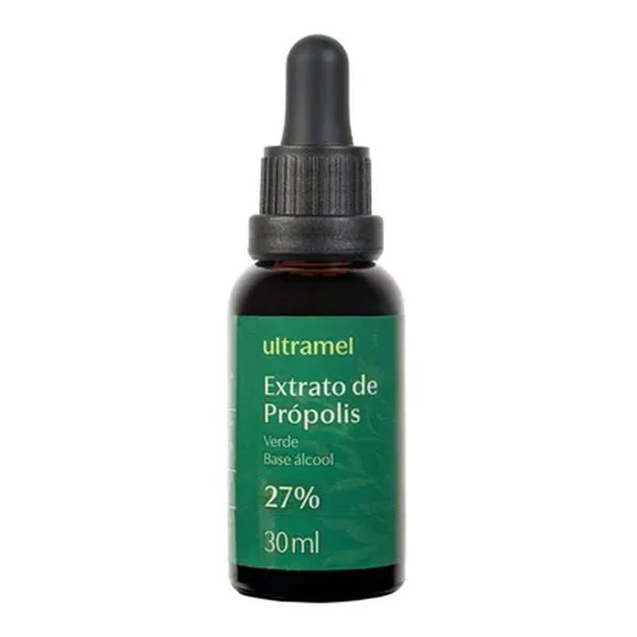Frasco conta-gotas de 30 ml do Própolis Verde 27% da Ultramel, base álcool de cereais