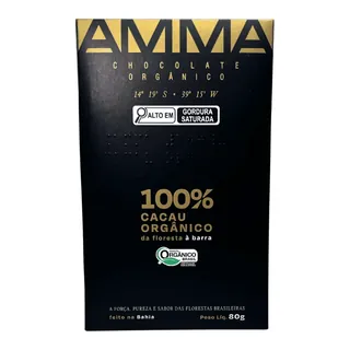 Barra de 80 g do Chocolate Orgânico 100% Cacau AMMA, vendida no site da Ultramel