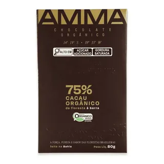 Barra de Chocolate Orgânico 75% Cacau AMMA de 80 g