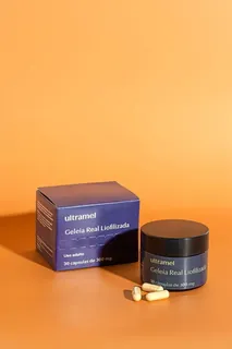 Pote de vidro da Geleia Real Pura Liofilizada 9.000mg da Ultramel, com cápsulas
