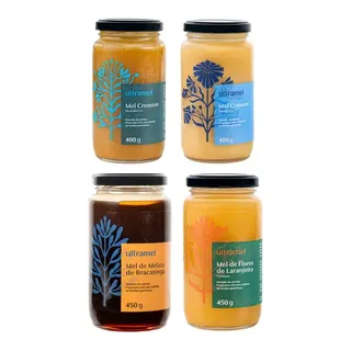 Quatro potes de vidro do Kit com 4 Méis Especiais da Ultramel