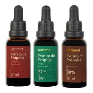 Kit de Própolis da Ultramel com três frascos: marrom, verde e vermelho