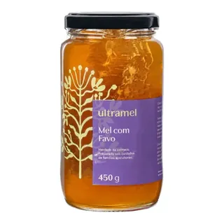 Pote de vidro do Mel com Favo da Ultramel, com pedaço de favo de cera dentro do mel